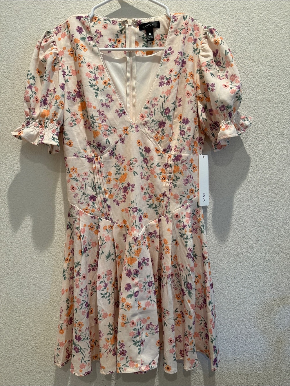 Aqua Cream Floral V-Neck Puff Sleeve Mini Dress